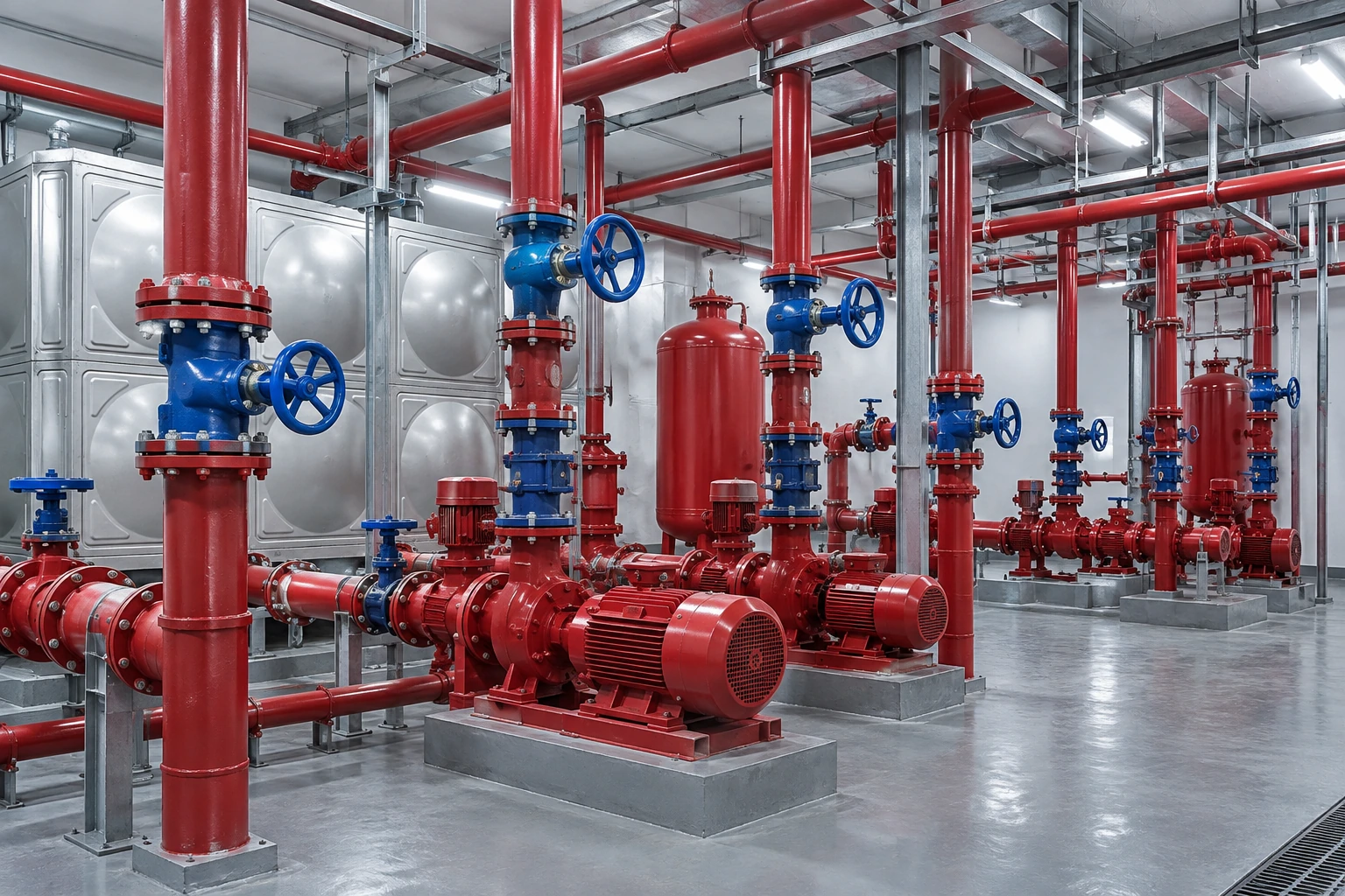 Fire-service pumps, valves and red supply pipework
