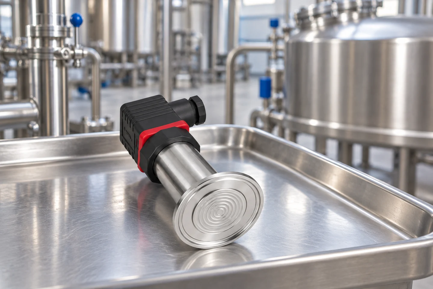 Flush-diaphragm pressure transmitter resting on a steel tray with stainless process equipment in the background