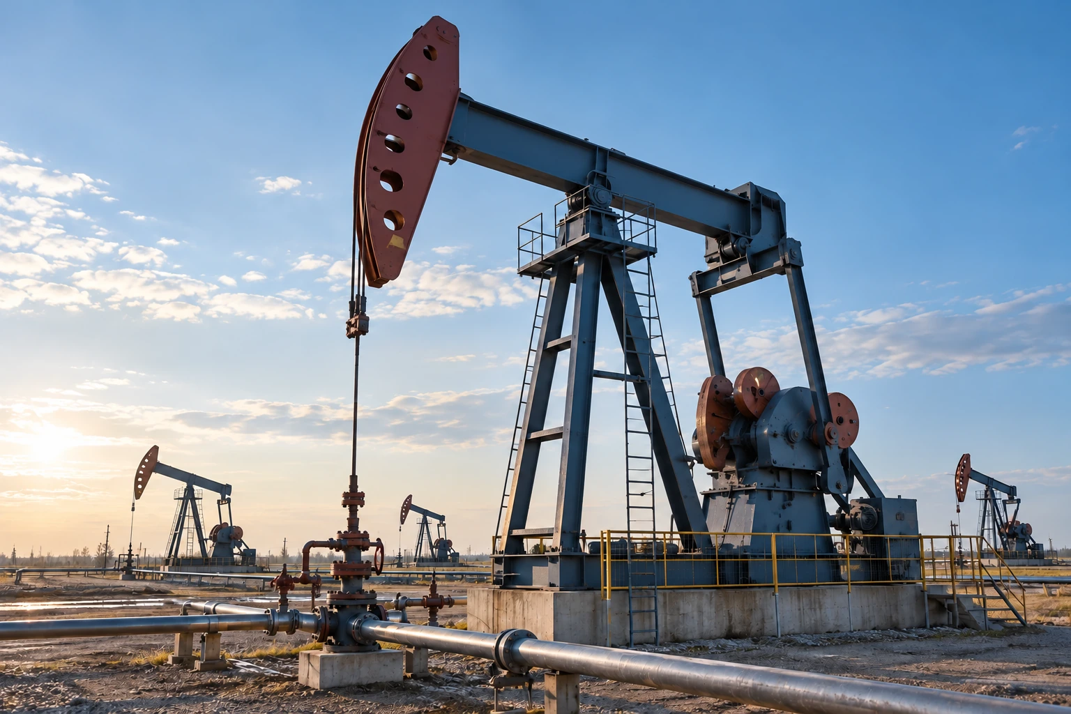 Oilfield pumpjacks and visible pipework