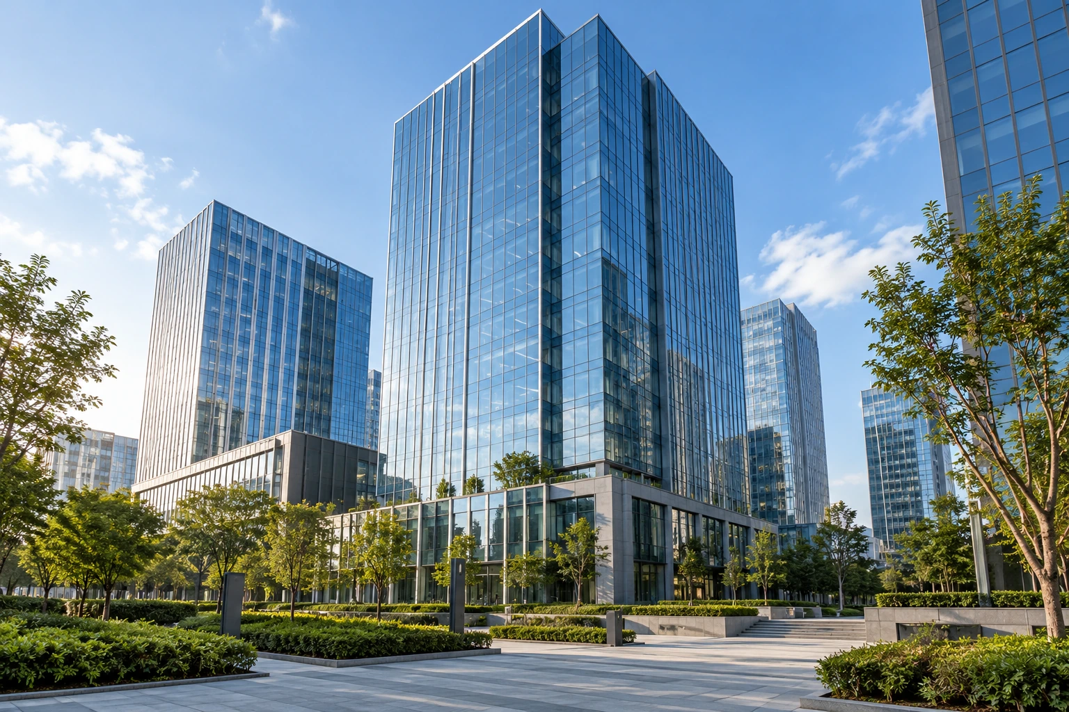 Glass office buildings with landscaped grounds and facility infrastructure