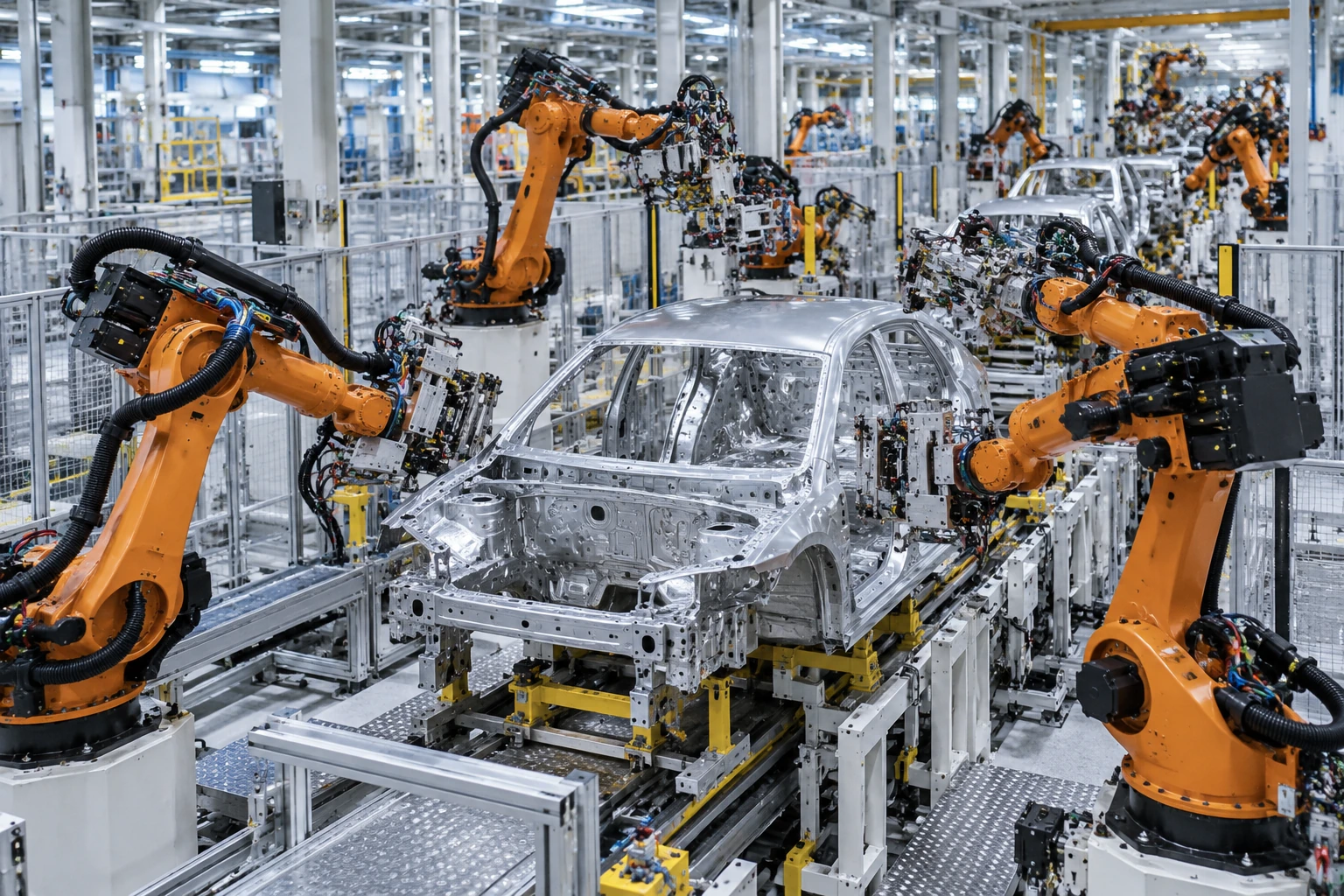 Industrial robot arms surrounding a vehicle body on a production line