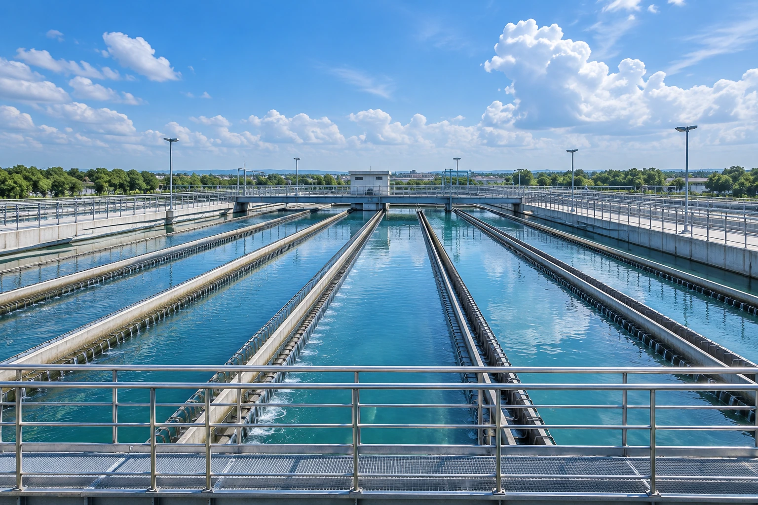 Water-treatment basins, walkways and utility pipework