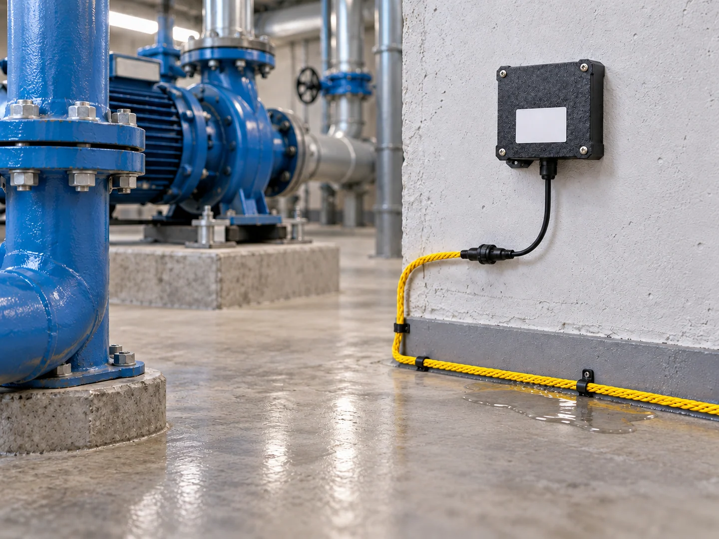 HPT-27P dry wall-mounted enclosure with yellow sensing cable touching a small water puddle near a pump