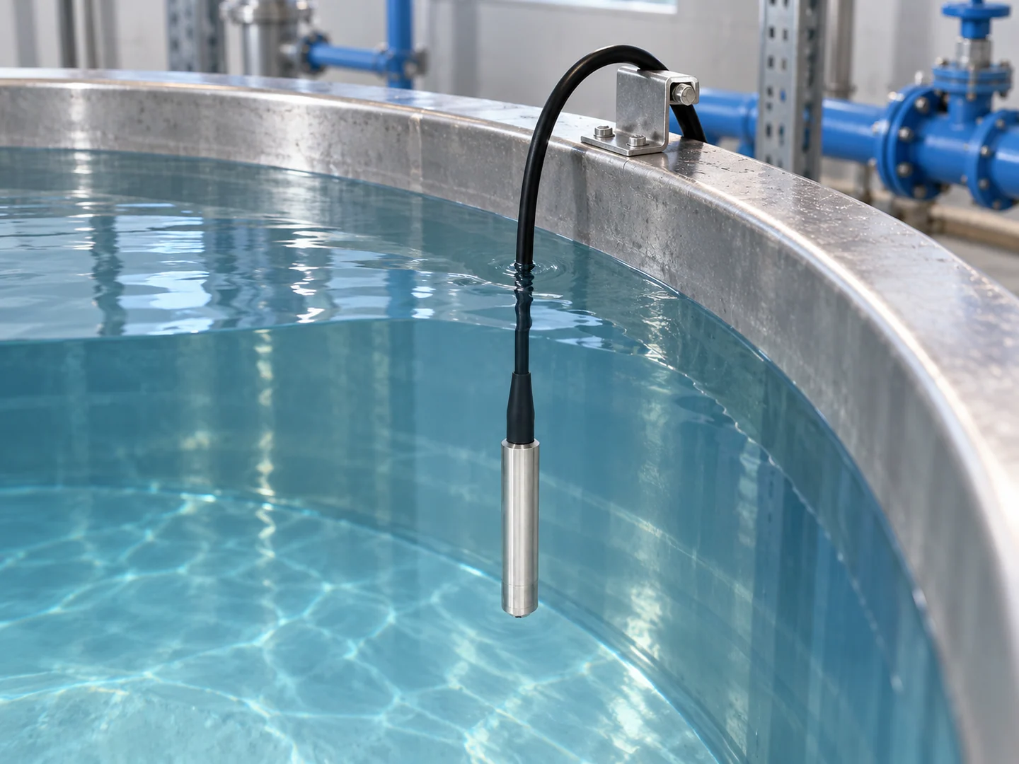 HPT-33 silver level probe suspended by its cable beneath clear water in a service-water tank