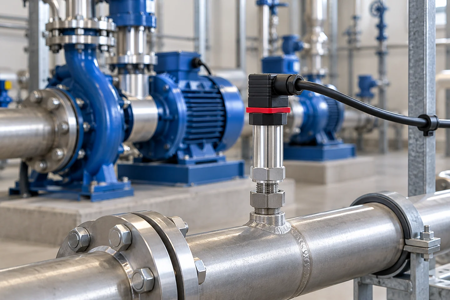 HPT-6 pressure transmitter connected to a water pipe beside a pump set