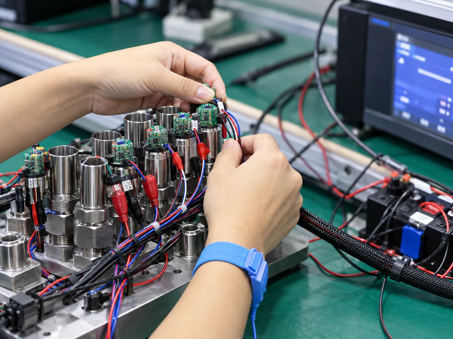 Hands connecting metal pressure instruments at a calibration workbench