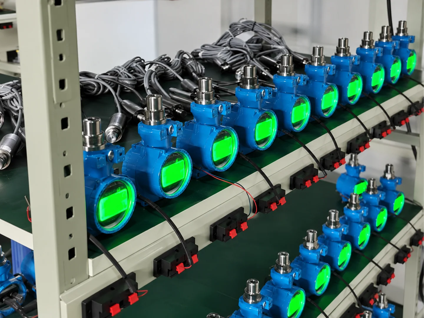Blue field instruments connected on a powered test rack