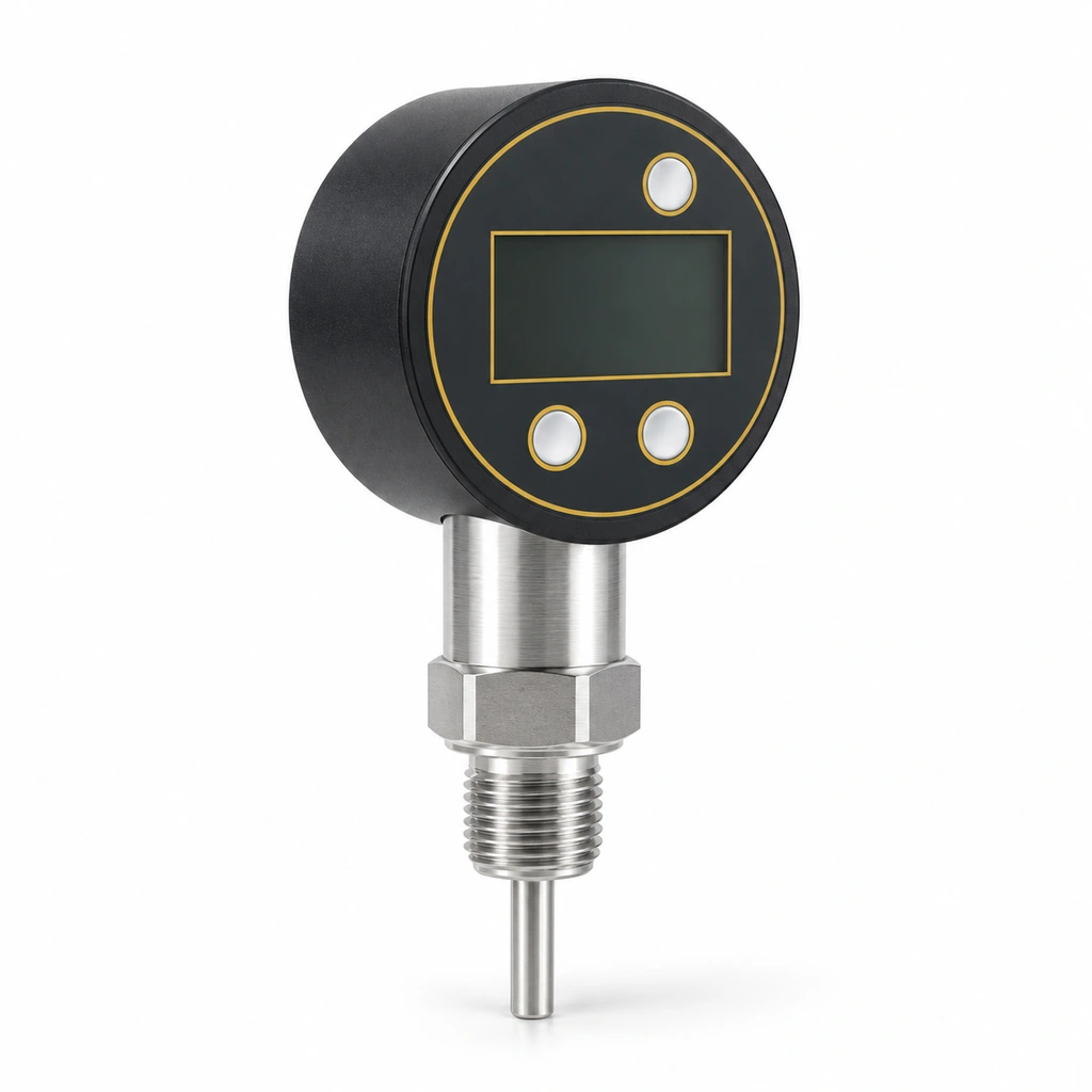 Separate optional temperature construction with three buttons and a straight sensing probe below its threaded connection