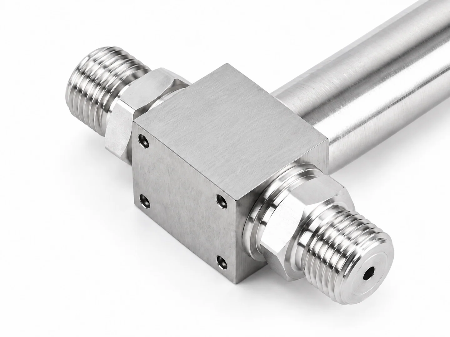 HPT-7 machined pressure block with two opposed threaded fittings and a visible port opening