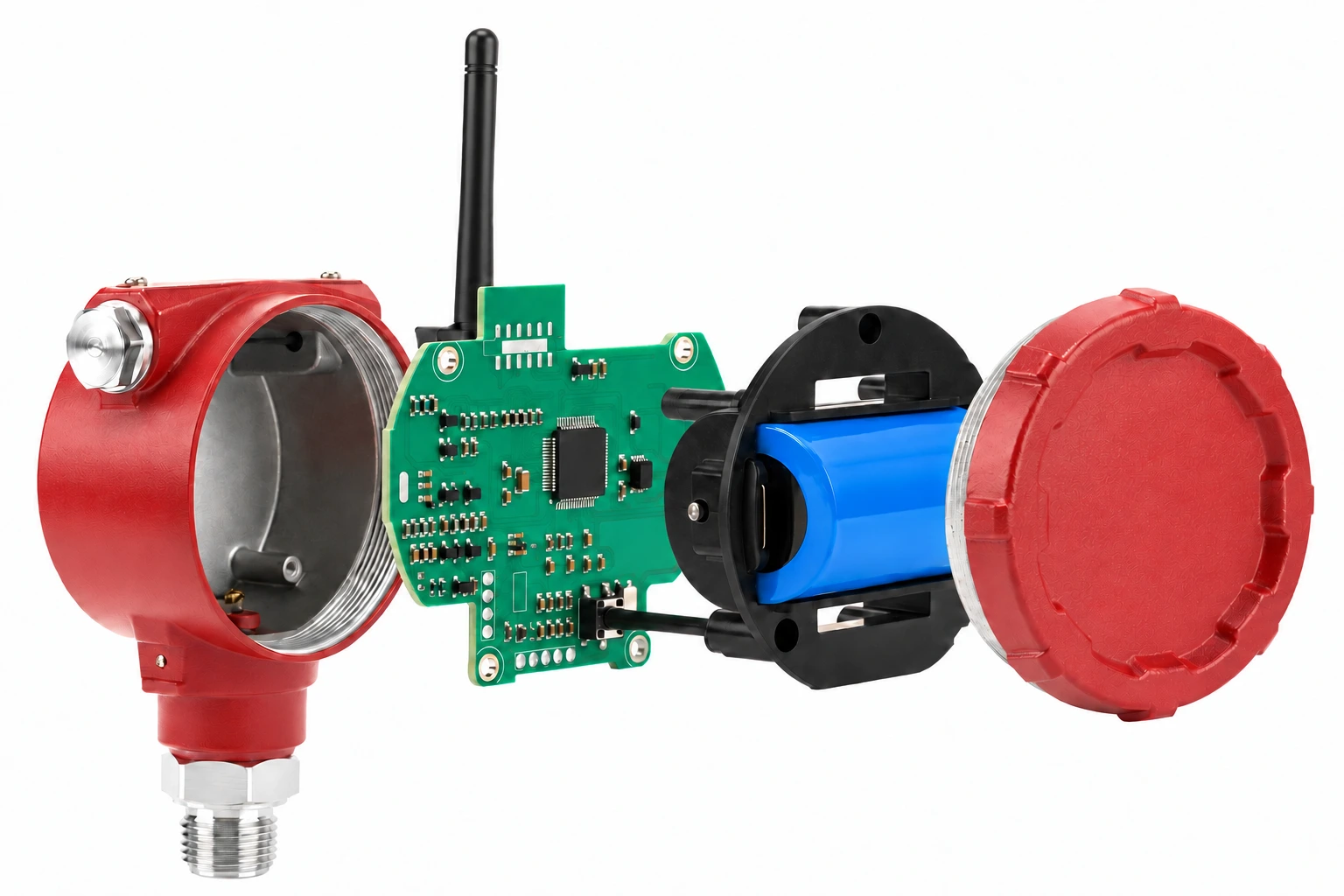 Separated HPT-20P enclosure assembly showing the painted housing, antenna, mainboard, battery holder, metal cover and threaded pressure connection
