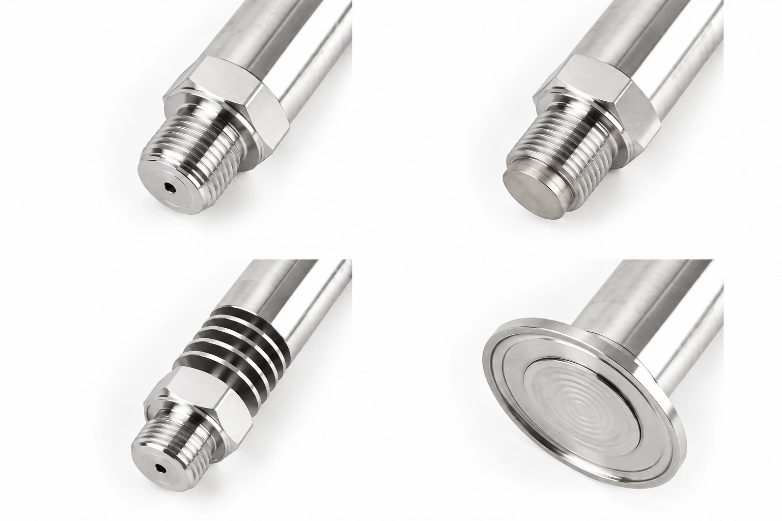 Four pressure-connection end views showing a central pressure opening, flat face, cooling fins and circular clamp face