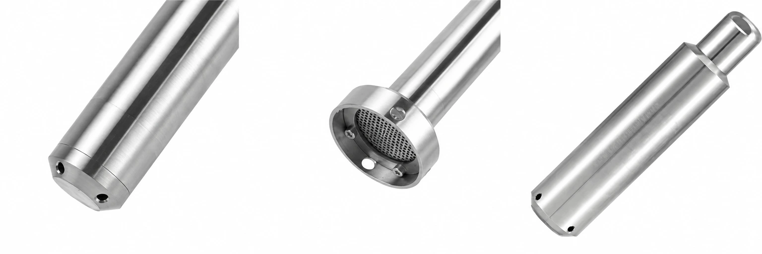 Three probe-end references: cylindrical end, perforated filter end and an alternative end with an open extension