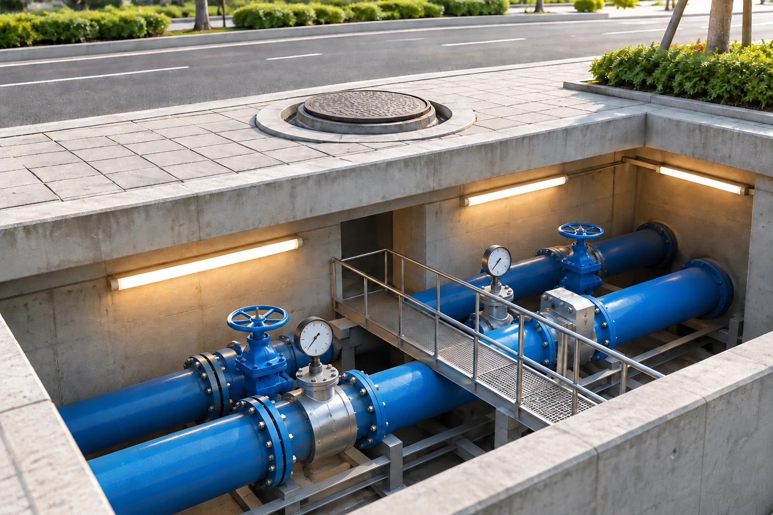 Blue water pipes and valves in an open underground inspection chamber