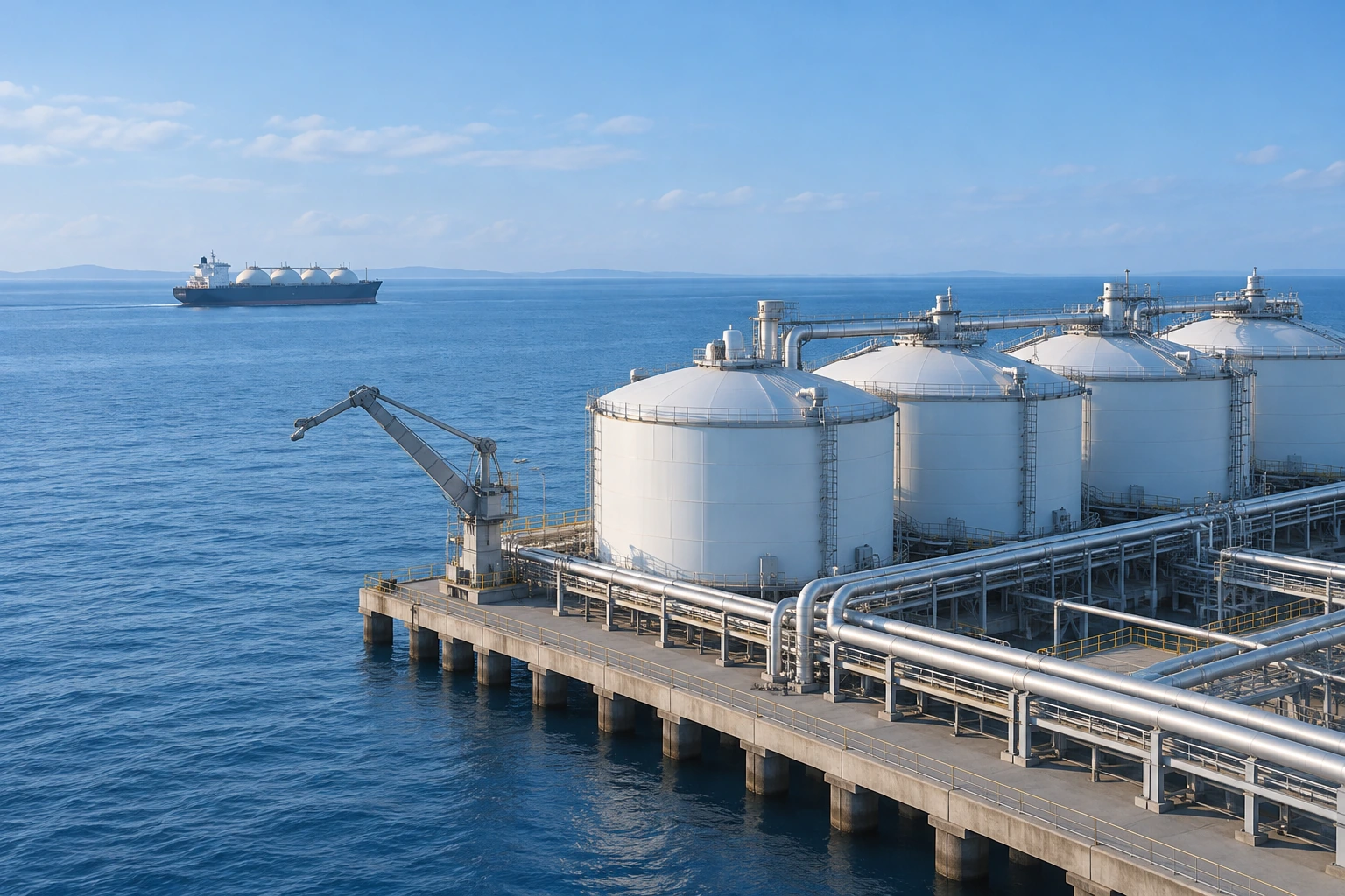 Waterfront storage tanks and pipework with a ship in the distance