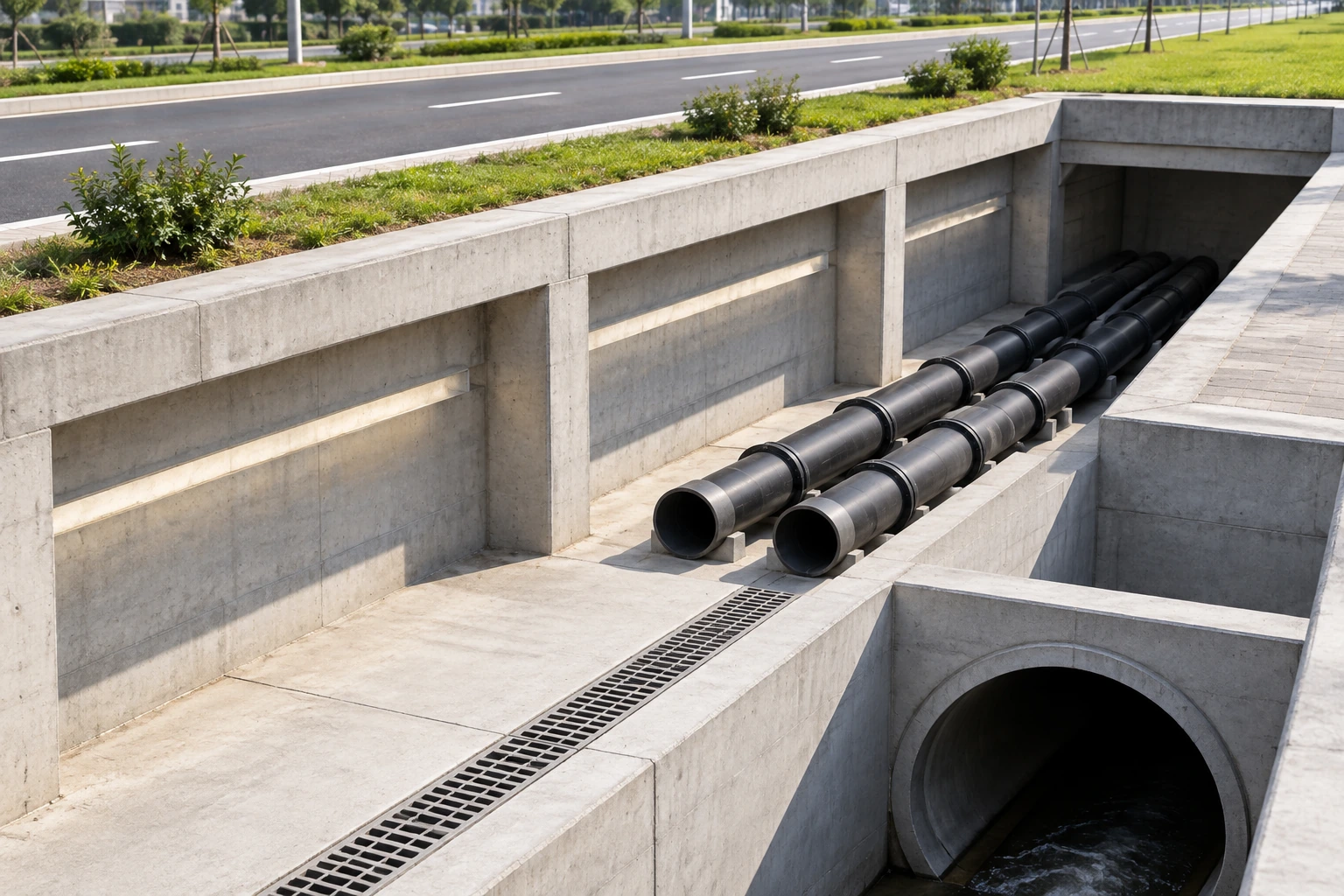 Roadside concrete utility channel with dark pipes and a large drainage opening