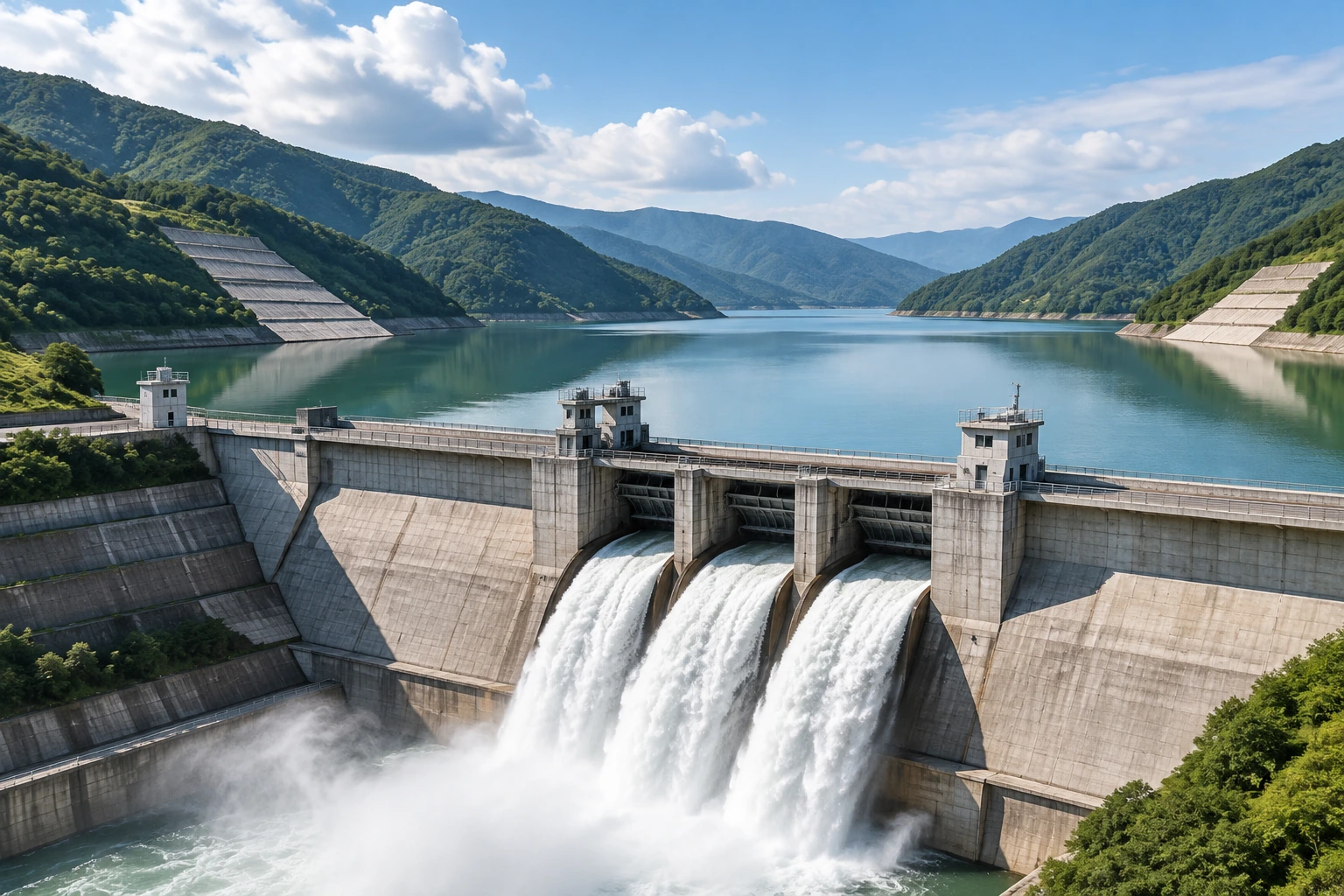Reservoir dam and flowing spillways between wooded mountains