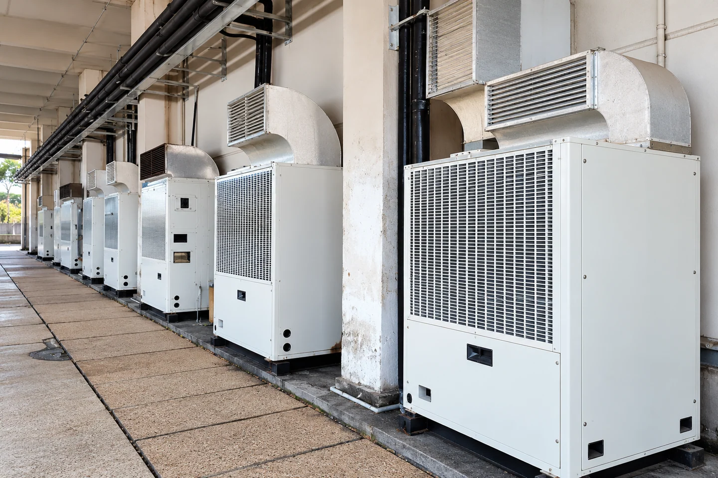 Outdoor air-conditioning units with ventilation grilles and connecting service pipes