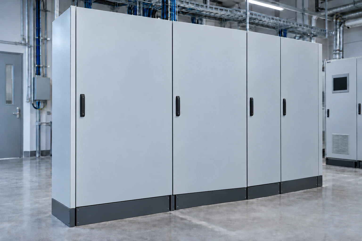 Closed equipment cabinets in an indoor service room
