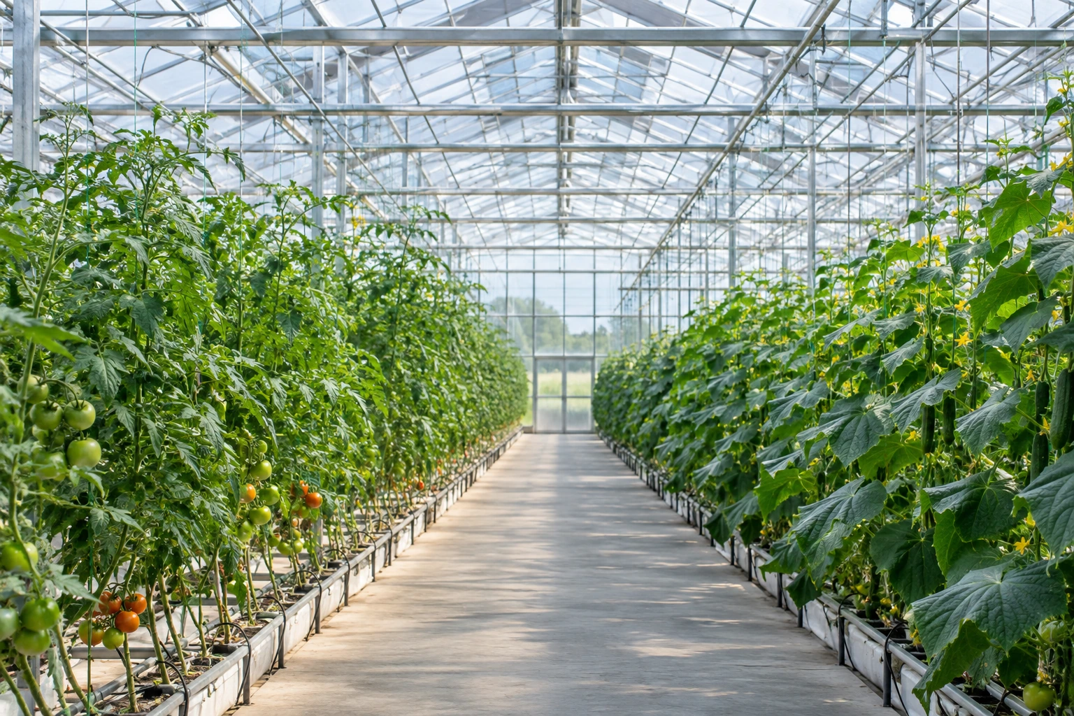 Crop rows and walkways inside a greenhouse