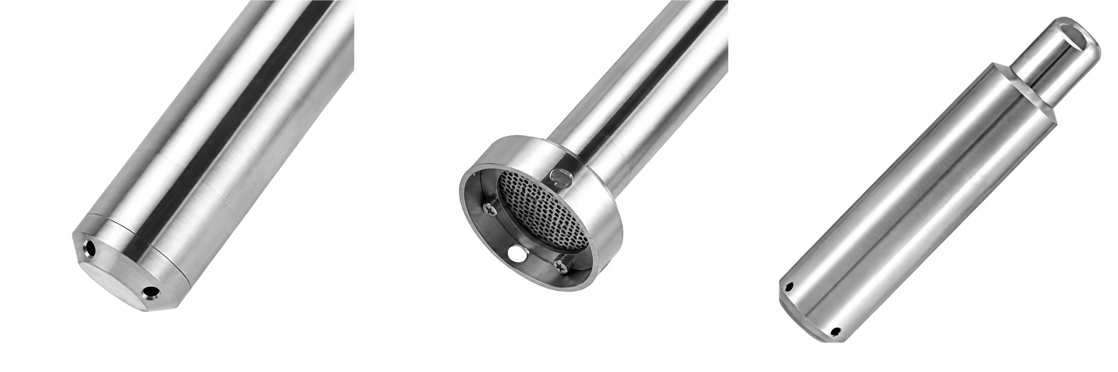 Three partial probe-end photographs showing small end openings, a mesh-covered end and a narrow open extension