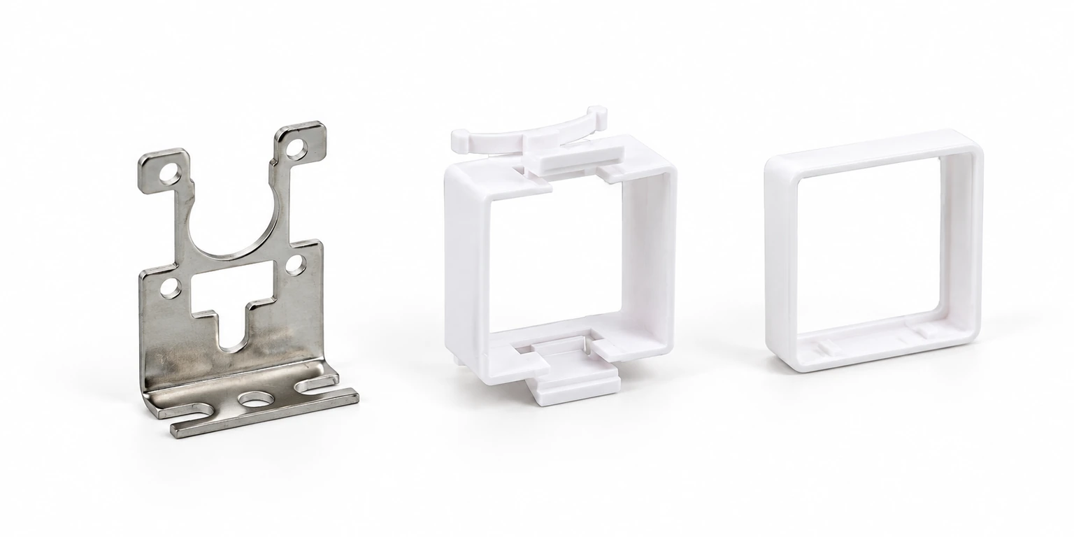 Related mounting accessories showing a stainless-steel bracket on the left, a plastic mounting frame with upper and lower latches in the centre and a thin plastic frame on the right