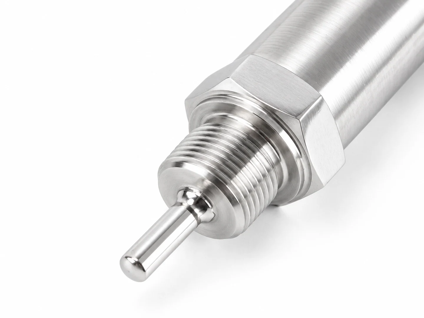 Close-up of the SBW-6 closed metal sensing tip, narrow probe, process thread and hexagonal shoulder