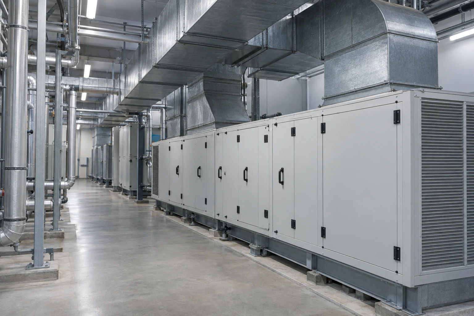 Air-handling equipment and large ventilation ducts in a building service area