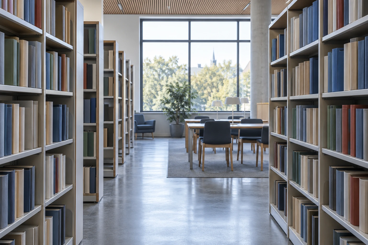 Library shelves and an empty reading area