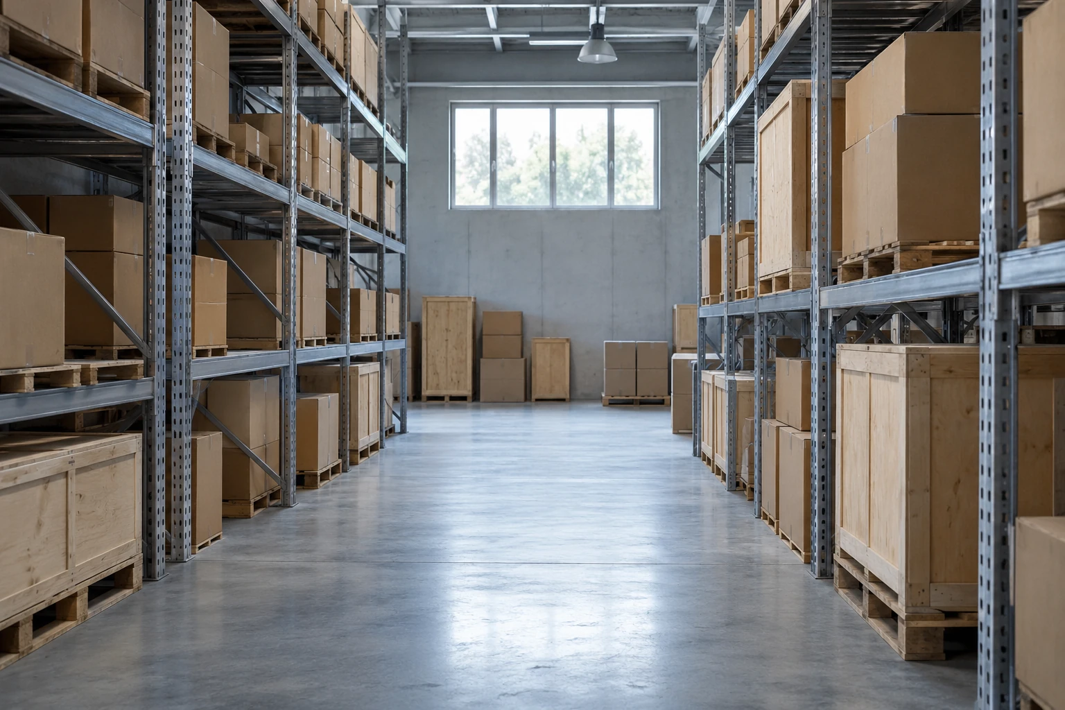 Warehouse racks with plain cartons and wooden crates beside a central aisle