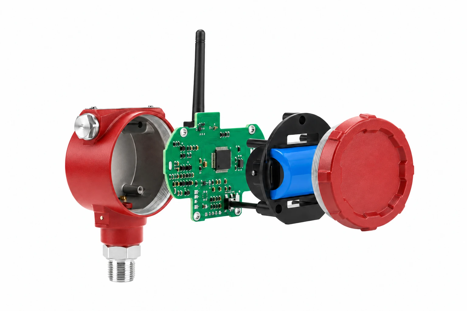 Enclosure reference showing the red open shell, circuit board, antenna, black retainer, blue wrapped battery pack and detached cover