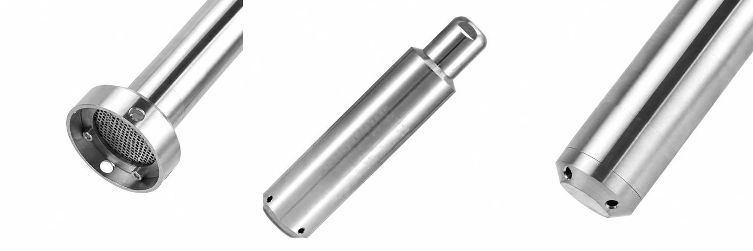 Three partial probe ends: mesh-equipped end, narrow open extension and rounded end with small side openings