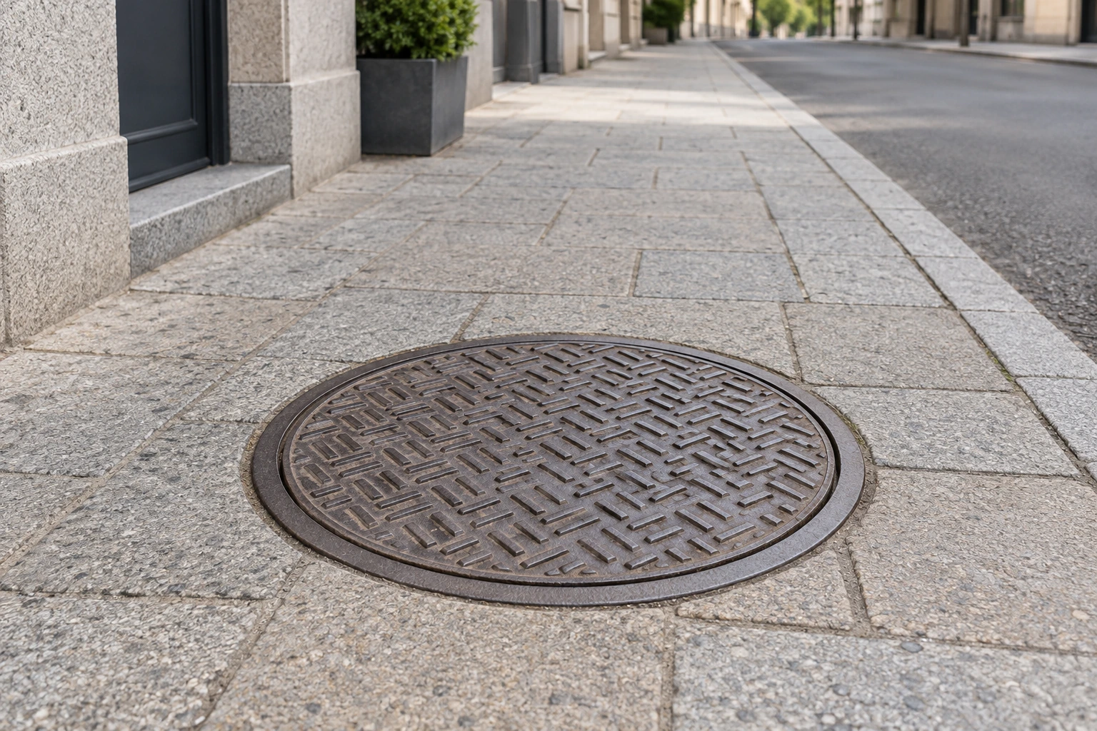 A closed cast-iron manhole cover flush with a paved sidewalk