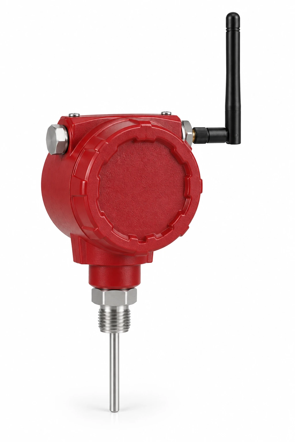 Wireless temperature transmitter in a left-front view; four numbered callouts correspond to the feature descriptions below